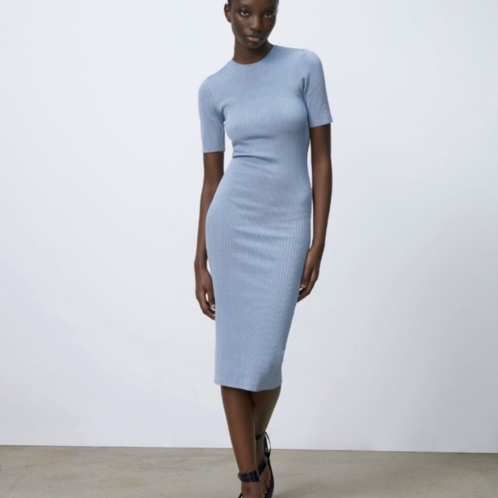 NWT Zara Blue Ribbed Bodycon Midi Dress